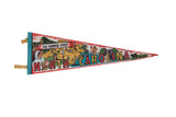 Vintage North Carolina 'The Tar Heel State' felt pennant, red and blue map with scenic illustrations, 8x25 inches.