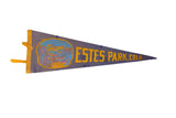 Estes Park Colorado felt pennant with golden yellow text on faded slate blue, showing mountain graphic.