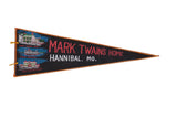 Vintage Mark Twain's Home felt pennant with red lettering and colorful graphics on a black background.