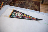 Vintage black Hawaii felt pennant, colorful island graphic, yellow-red lettering, slight curling.