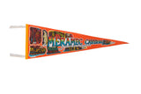 Vintage Meramec Caverns felt pennant in bright orange with colorful graphic illustrations and text.