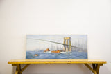 Wide vintage oil painting of the Brooklyn Bridge with tugboats and the NYC skyline.