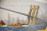 Close view of the Brooklyn Bridge painting's iconic tower and tugboats on the East River.