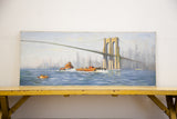 Brooklyn Bridge painting with orange tugboats and a hazy skyline in soft, vintage colors.