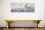 Wide view of the vintage oil painting of the Brooklyn Bridge, showcasing its panoramic scale.