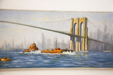 Vintage oil painting by Gil Edwards depicting a tugboat scene on the East River.