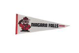 Vintage 1990s Niagara Falls Canada felt pennant, white with red trim, Mountie beaver graphic.
