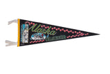 Vintage black felt Alaska The Last Frontier pennant, polar bear, dog sled, 9x27 inches.