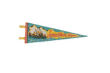 Vintage Jamestown Virginia felt pennant in teal with a graphic of historic sailing ships.