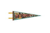Vintage Michigan felt flag pennant with blue and orange state illustrations, 5x14 inches.