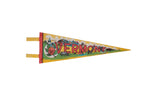 Yellow vintage Vermont felt pennant, red 'VERMONT' text, state scenes, 5 x 14 inches.