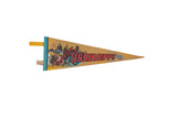 Vintage Mississippi felt pennant in gold with red script, state illustrations, and a blue stitched border.