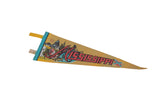 Blue stitched binding and yellow ties of a vintage Mississippi felt pennant showing graphic details.