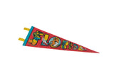 Close-up of vintage Florida felt pennant with yellow 'FLO', oranges, alligator, and blue stitching.
