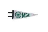 White felt Michigan State University pennant with green MSU logo and aged patina, 5