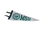 Close-up of green MSU lettering and rust-colored spots on vintage white felt pennant.