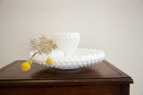 Vintage Fenton hobnail milk glass goblet and bowl, white with scalloped edge.