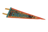 Vintage felt pennant depicting Lancaster's Amish Homestead in aged orange and teal, 5x15.