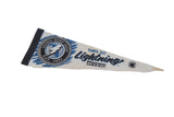 Close-up vintage Tampa Bay Lightning logo on felt pennant with blue and black detail.