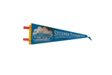 Vintage blue felt Steamer Ticonderoga pennant, white ship illustration, Shelburne Museum text, yellow edge.