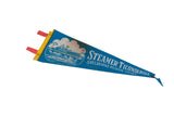 Vintage Steamer Ticonderoga pennant left end, yellow binding and blue ship illustration.