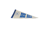 Angled view of the vintage Rock Hall felt pennant with blue logo and lettering.