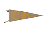 Vintage Wayne University felt pennant in beige with yellow text and round seal, 8x22 inches.