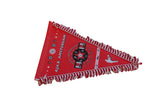 Vintage red Ajax Amsterdam felt pennant angled to show printed graphics and fringe.