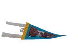 Angled view of the Hoover Dam felt pennant, showing its white ties and yellow spine.