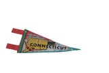 Connecticut the Nutmeg State felt pennant with map, swimmer, fish design, and aged felt texture.