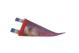 Angled view of a vintage NASA felt pennant, showing its curled tip and time-softened colors.