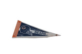 Angled view of a vintage Chicago Bears pennant showing pinholes and a time-worn tip.
