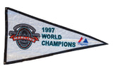 Vintage 1997 Marlins World Champions Tenth Anniversary felt pennant with teal and red graphics.