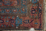 Antique Hamadan runner, raspberry red and sky blue floral motifs, worn pile, tattered edge.