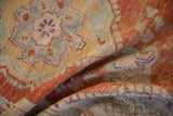 Texture of the evenly worn hand-knotted pile on a vintage distressed Oushak rug runner.