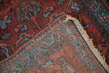 Visible tattered side cord selvage and woven foundation on the Persian Lilihan rug.