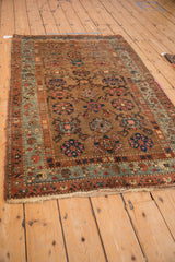 Allover floral vine trellis design on antique Kurdish Hamadan rug, with deep camel and blue abrashes.