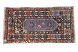 Vintage distressed Oushak rug runner with faded royal blue triple medallions and geometric floral borders.