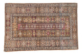 Distressed vintage Melas rug with dragon and geometric patterns in beige, aubergine, blush. 4x6.