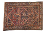 Vintage Malayer rug, hand-knotted: diamond medallion, Herati design, dusty blush, navy, 3'7