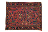 Antique Lilihan rug with primitive germinating tree of life motifs in cochineal red, navy blue, and beige, 3'7