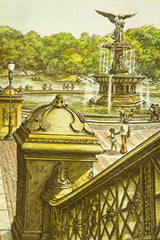 Vintage Central Park lithograph detail showing ornate golden balustrade and fountain scene.