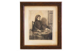 Antique etching of a girl weaving in an intricately carved dark wood frame.