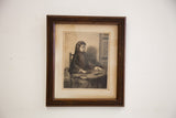 Intricate grayscale etching of a girl in a dark hand-carved wooden frame.