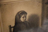 Somber antique etching depicting nervous girl with head covering and looming shadow.