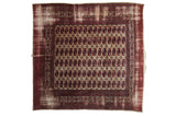 Vintage Afghani Bokhara square carpet with geometric cherry red and navy guls on a beige field, 7'2