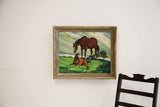 Framed vintage oil painting of a brown mother horse and foal in a green pasture.