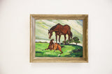 Signed oil painting of horses in a pasture, within a light wood frame.