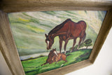 Textured vintage oil painting from 1958, brown horse's back, visible canvas wear.