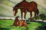 Oil on canvas detail: brown foal resting in vibrant green grass, an adult horse, and visible brushstrokes.